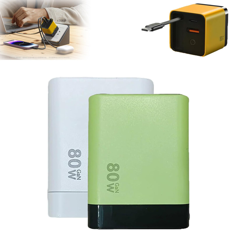 80W 3 In 1 Fast Charger With BuiltâIn TypeâC And Dual Usb Ports, Retractable Wall Plug ( Green) White/Green 9073542684428