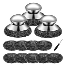 3 Pcs Steel Wool Scrubber with Handle Heavy Duty Metal Pot Scrubber Brush 9 Pcs Stainless Wool for Cleaning Dishes Pans