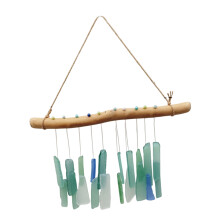 Sandblasted Sea Glass and Wood Wind Chimes Handcrafted