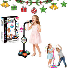 Kids Karaoke Microphone with Stand, LED Lights and Echo, Adjustable Height Singing Toy Gift for Girls and Boys (Black)