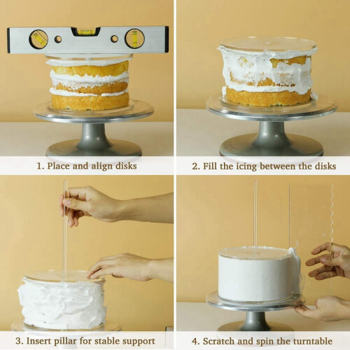 2 Set Acrylic Round Cake Disk Set - Cake Discs Circle Base Boards with Center Hole - Comb Scrapers (4 Patterns) 2