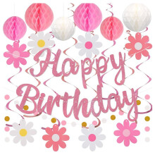 Birthday Decoration,Pre-Strung Happy Birthday Banner with Honeycomb ,Happy Birthday Party Decorations for Women Girl