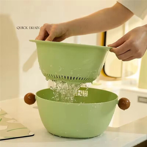 Multifunctional Double Layer Vegetable and Fruit Washing Basket,Cute Round Solid Color Design,Thickened for Durability B 2