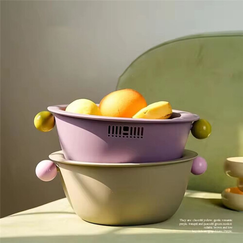 Multifunctional Double Layer Vegetable and Fruit Washing Basket,Cute Round Solid Color Design,Thickened for Durability C