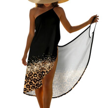 Fashionable Beach Wrap Skirt Suspender Dress-black print S
