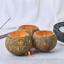 Coconut Shell Wood Candle Holders (Set of 6) with Coconut Scented Tealight Candles - Boho Decor, Votive Candles Holders