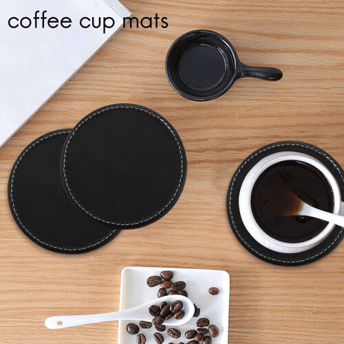 18x Leather Drink Coasters Round Cup Mat Pad for Home and Kitchen Use Black 2