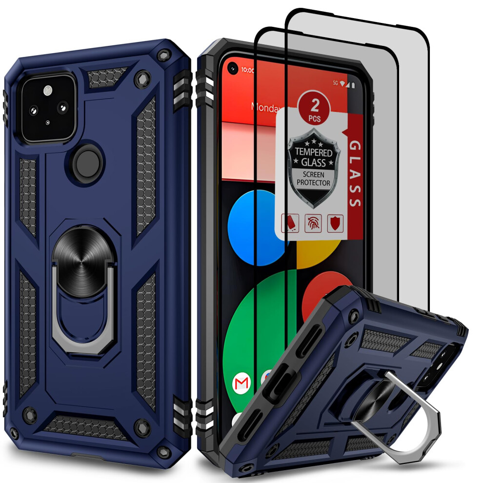Case For Google Pixel 5 MilitaryâGrade Protection 360 Ring Kickstand DualâLayer Shockproof With 2Â¯Temperedâ¯Glassâ¯Protectors Blue 9073542685425