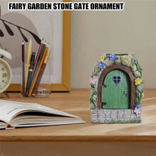 Porta de Jardim de Fadas Ao Ar Livre Portão de Jardim de Fadas Resina Árvore Miniaturas com Degraus e Porta Aberta Casa Iluminada Mística