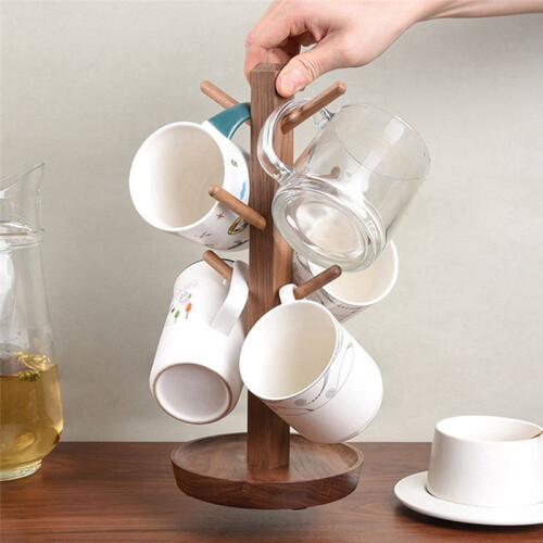 Wooden Mug Holder, 6-Hook Coffee Cup and Teacup Holder, Kitchen Storage with Stable Base 2
