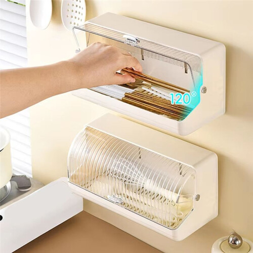 Large Capacity Chopstick Storage Box - Wall Mounted, Drainable, Dustproof with Lid, Ideal for Tableware Organization 1