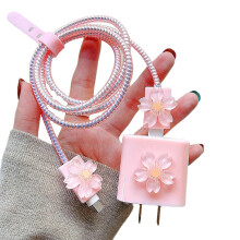 Cute Cherry Blossom Cable Protector Set for iPhone, Pink TPU Charger Cord Cover for Women Girls