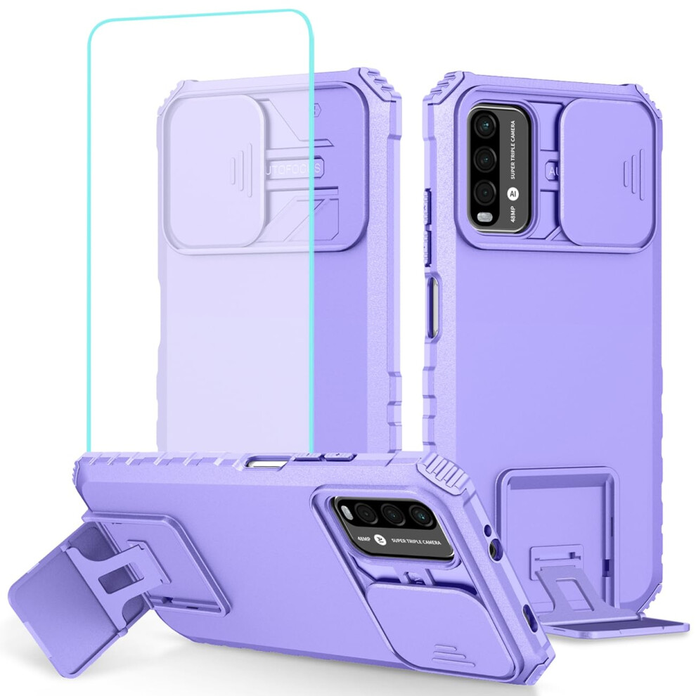 Case For Redmi 9T With Sliding Camera Cover And Kickstand, Shockproof Protective Case With Tempered Glass For Poco M3 9073542685906