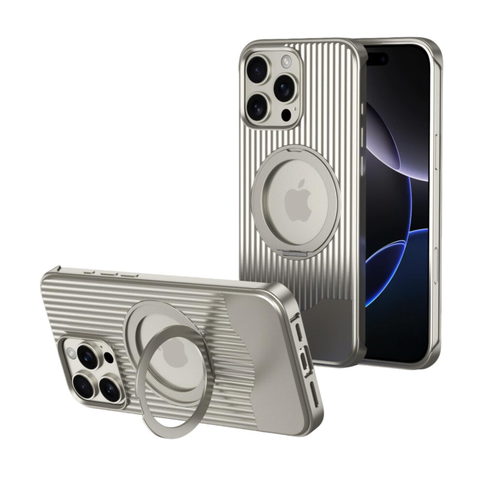 Case With Magsafe Magnetic Lock, 360 Rotating Stand, Shockproof Aluminum Luggage Style Cover (Titanium) For Iphone 16 Pro Max 9330225961420
