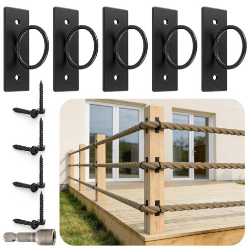 5 Pack Iron Ring Rope Support Holder, Decorative Drop Ring Brackets for Stair Railing, Deck, Wall & Ceiling Hook 1