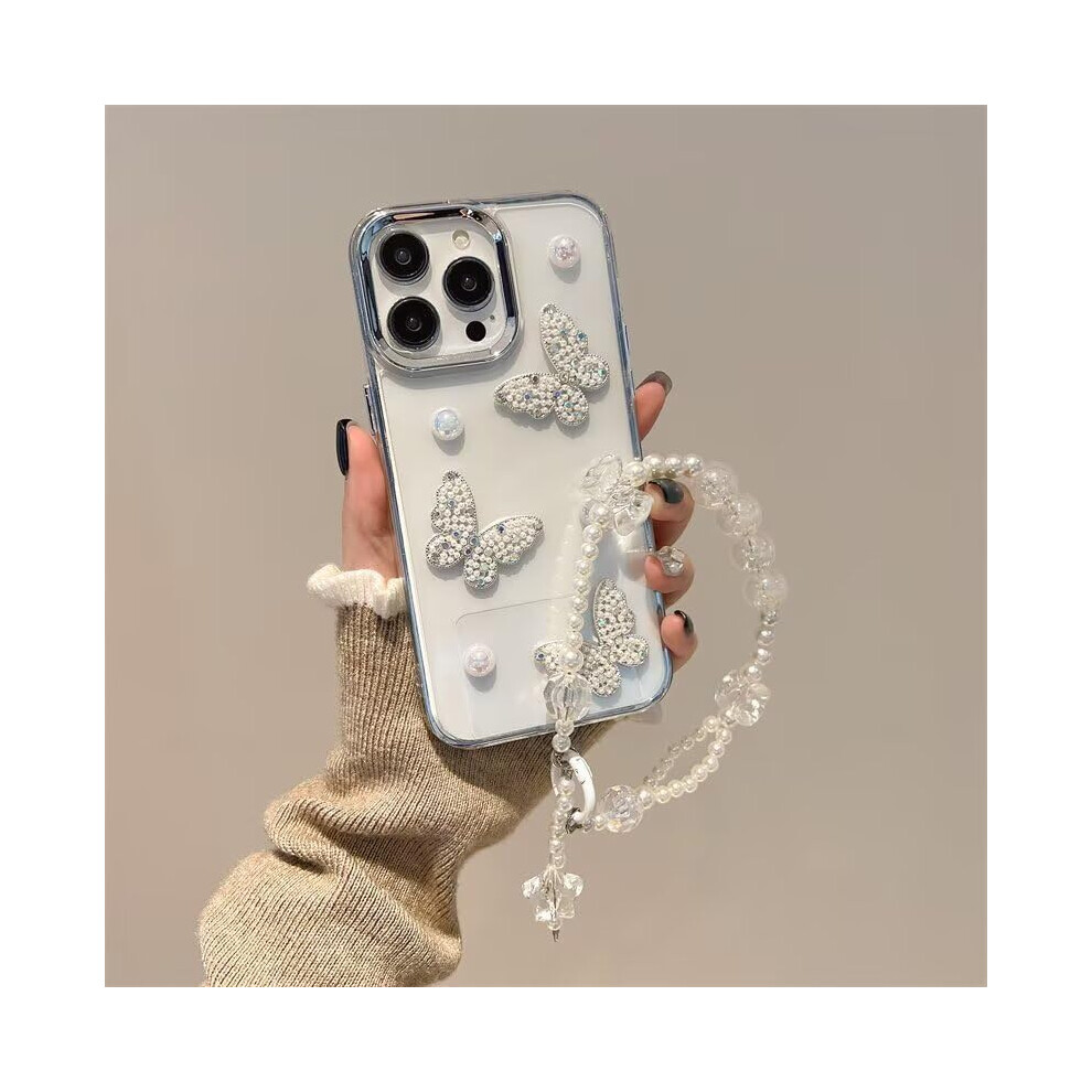 Phone Case Clear Shockproof Tpu Cover With Rhinestone Butterfly And Pearl Strap For Women For Vivo V40e 5G / Iqoo Z9s 5G White 9771547813033