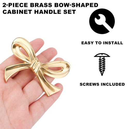 2pcs Gold Brass Bow Dresser Knobs, Vintage Bow Shape Drawer Pull Handles for Cabinet, Wardrobe, Kitchen 2