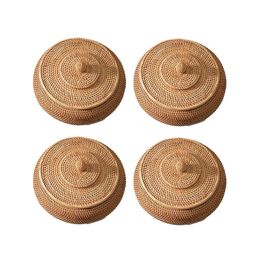 Semoic 2X Rattan Boxes With Lid Hand-Woven Multi-Purpose Wicker Tray With Durable Rattan Fiber Round 11 Inch Diameter