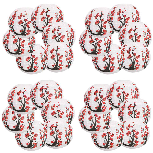 24 Pacote de 12 Polegadas Flores de Cerejeira Vermelha Lanterna de Papel Branco Redondo ChinêS Lâmpada de Papel JaponêS