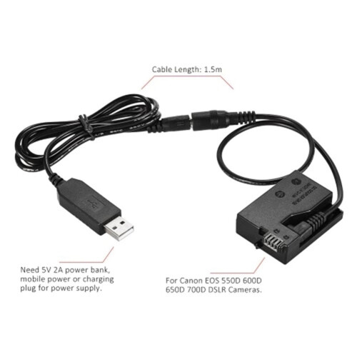 2X DR-E8 Dummy Battery with  Power Bank USB Adapter Cable Replacement for LP-E8 for   550D 600D 650D 700D DSLR 1