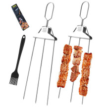 2 Stück Edelstahl-Kebab-Spieße, 3-Wege-Grillspieße, 3-Zackiger Kebab-Spieß Aus Edelstahl mit Silikonbürste, Wiederverwendbar