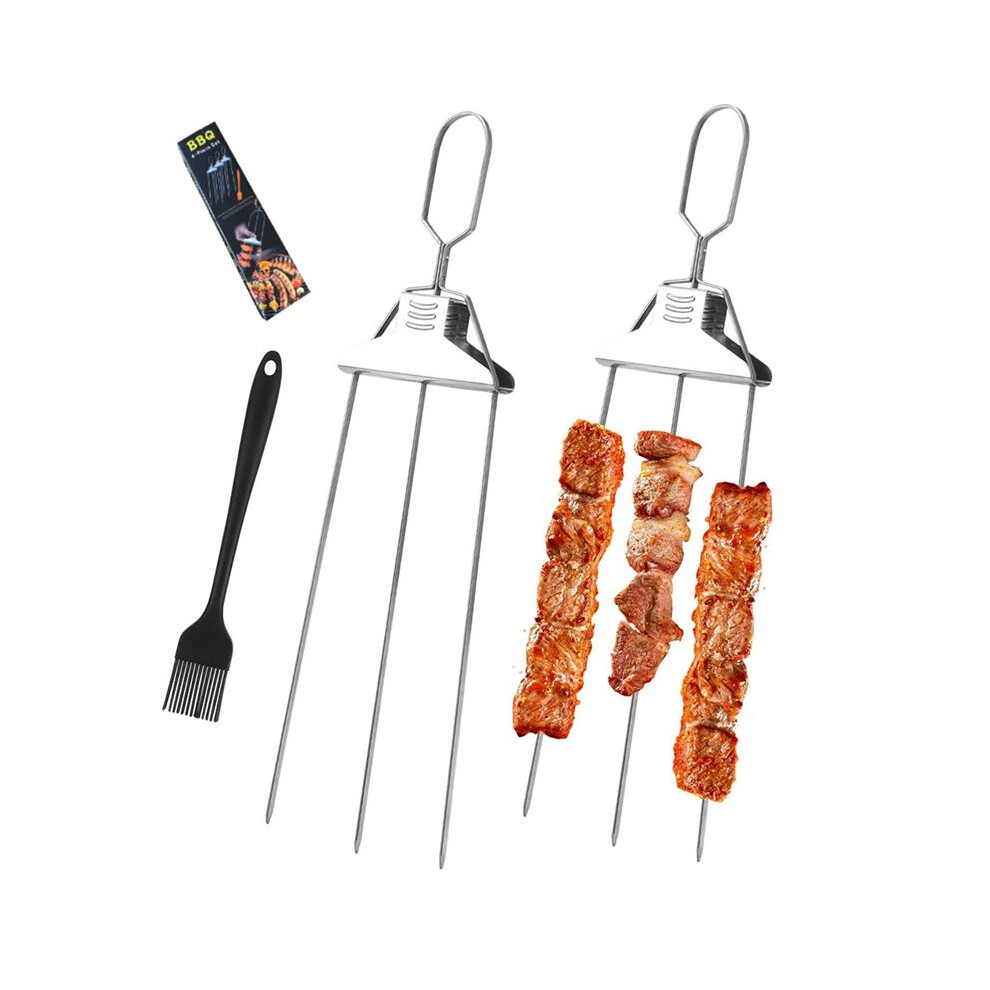 2Pcs Stainless Steel Kabob Skewers 3 Way Grill Skewers,3-Prong Kabob Skewer Stainless Steel With Silicone Brush Reusable 4714239780966