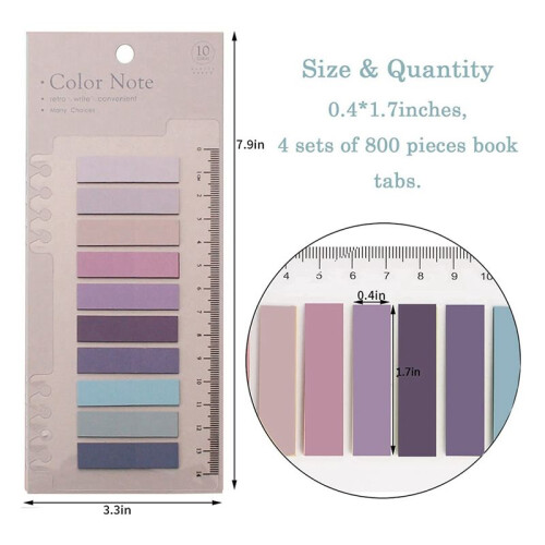 1600 Pcs Sticky Index Tabs, 4 Sheets Morandi Strip Index Tabs, Writable Page Sticky Notes with Ruler for Page Marking 1