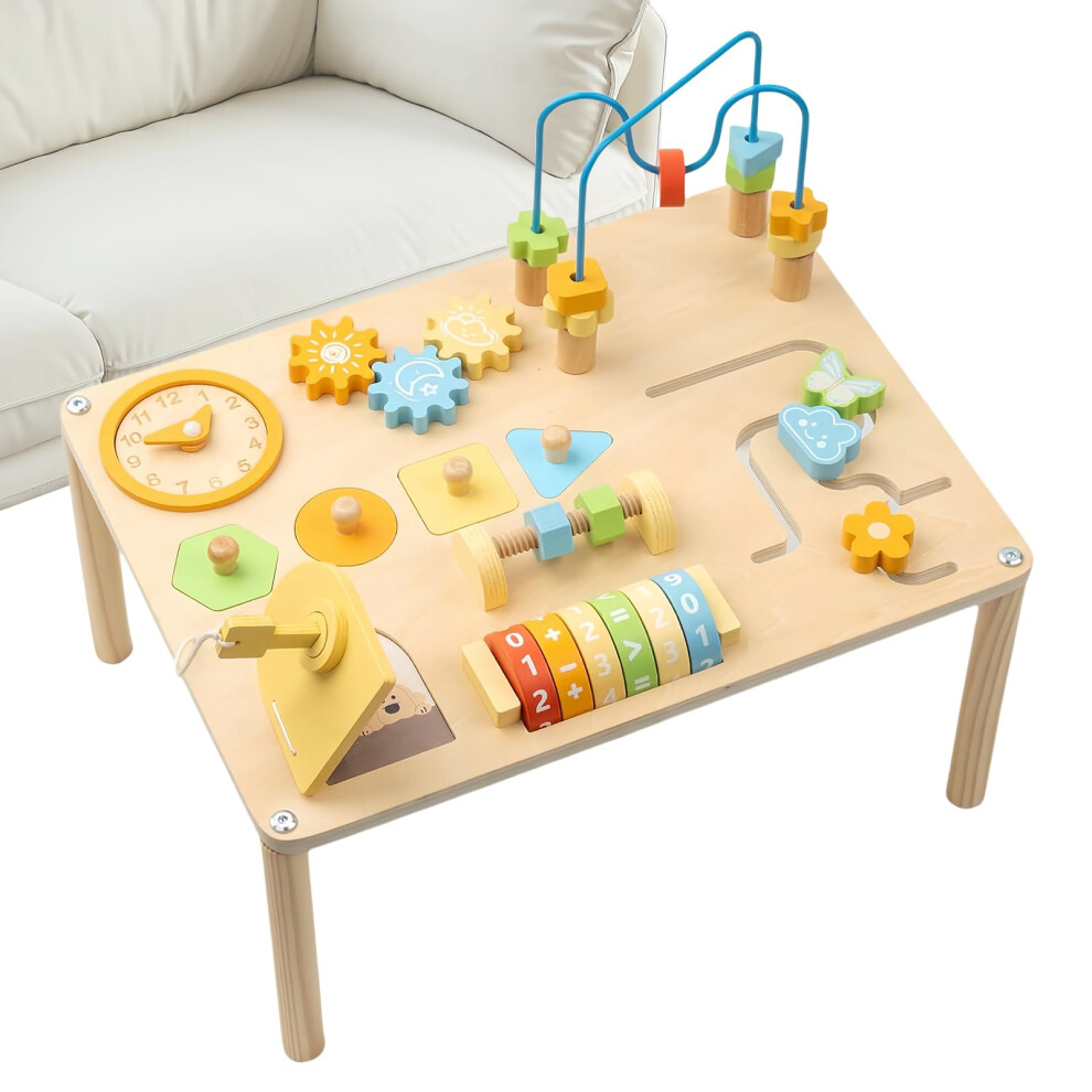 Wooden Activity Table with Bead Maze and Shape Sorter, Preschool Learning Toy for Fine Motor Skills
