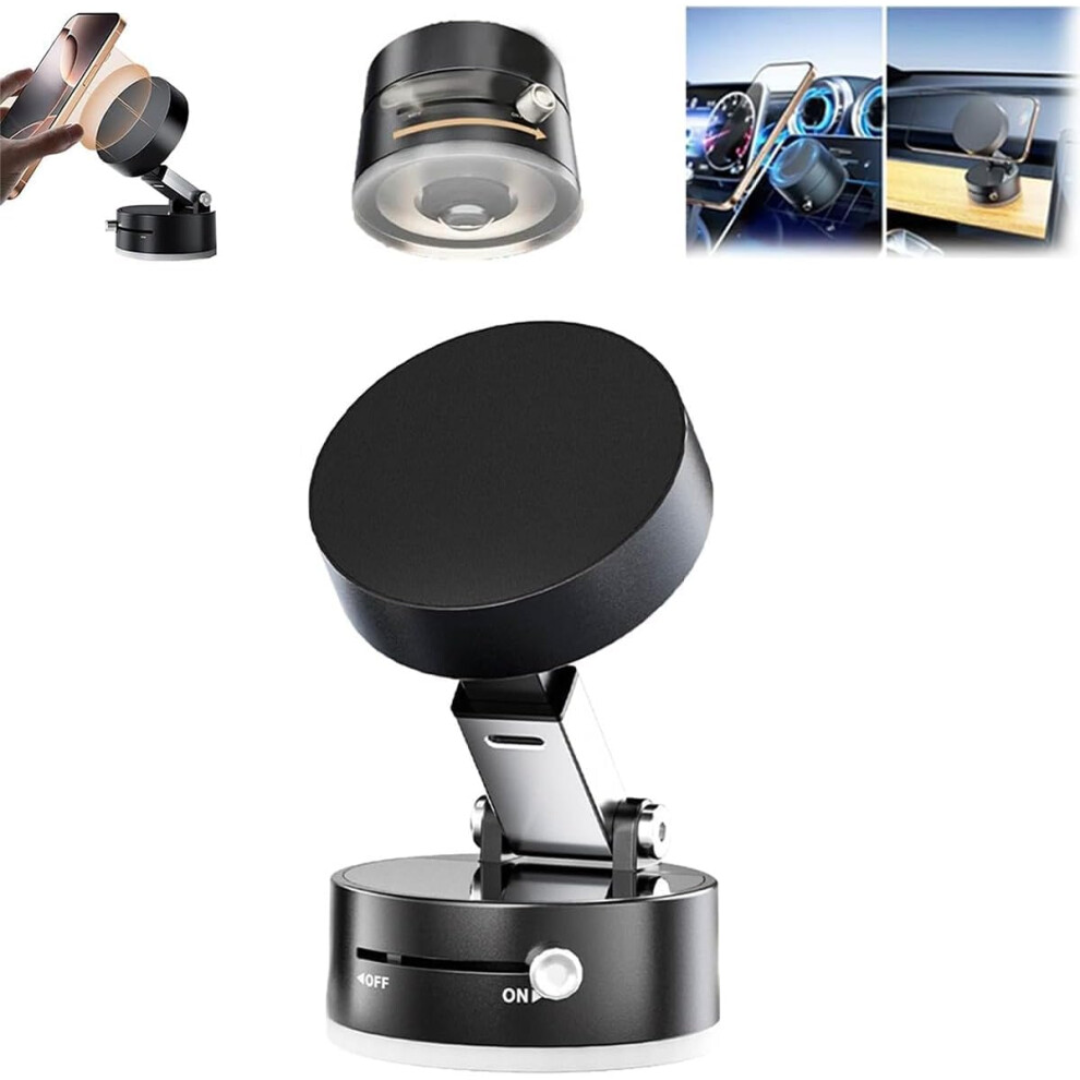 Foldable Magnetic Car Phone Holder With 360 Rotatable Vacuum Suction Grip, Dualsided Mount For Dashboard And Windshield (Black) Black 9330225963769