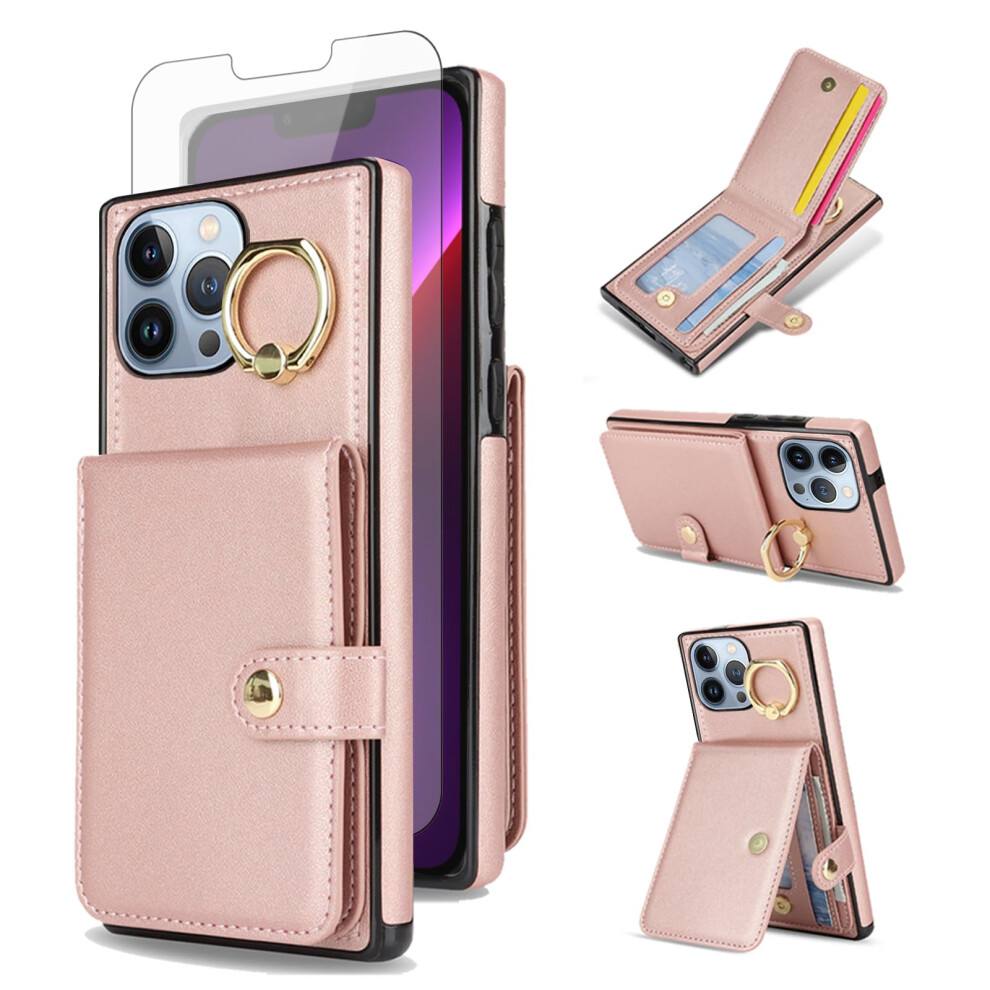 Wallet Case Rose With Card Holder Ring Kickstand And Tempered Glass Screen Protector For Iphone 13 Pro Gold 9073542687474