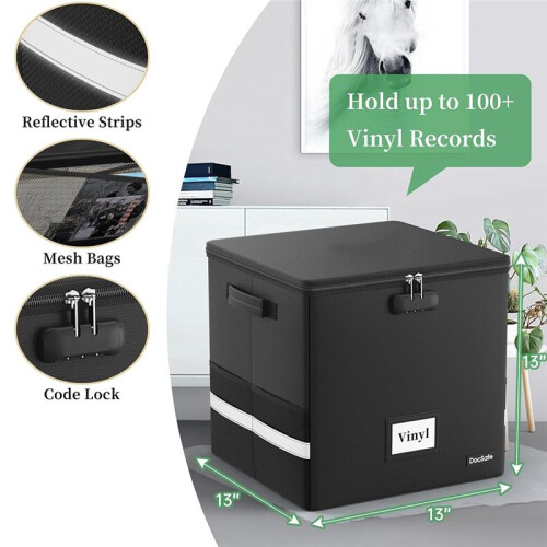 Vinyl Record Storage Box with Lock,Fireproof&Water Resistant Record Organizer Storage for 100+ Single Records 2