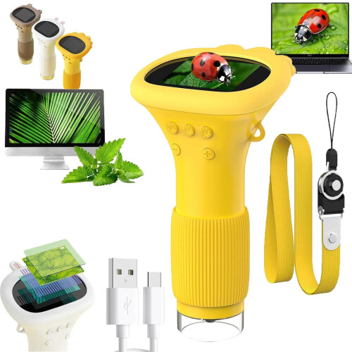 1000x Digital Microscope for Kids with 2' HD IPS Screen and Adjustable LED Lighting, Yellow