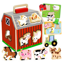 Wooden Shape Sorter Barn for Toddlers with FlipUp Roof and Carry Handle Farm Animal Learning Toy