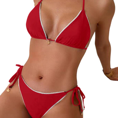 Comfortable Two Piece Backless Swimsuit Breathable-Red L