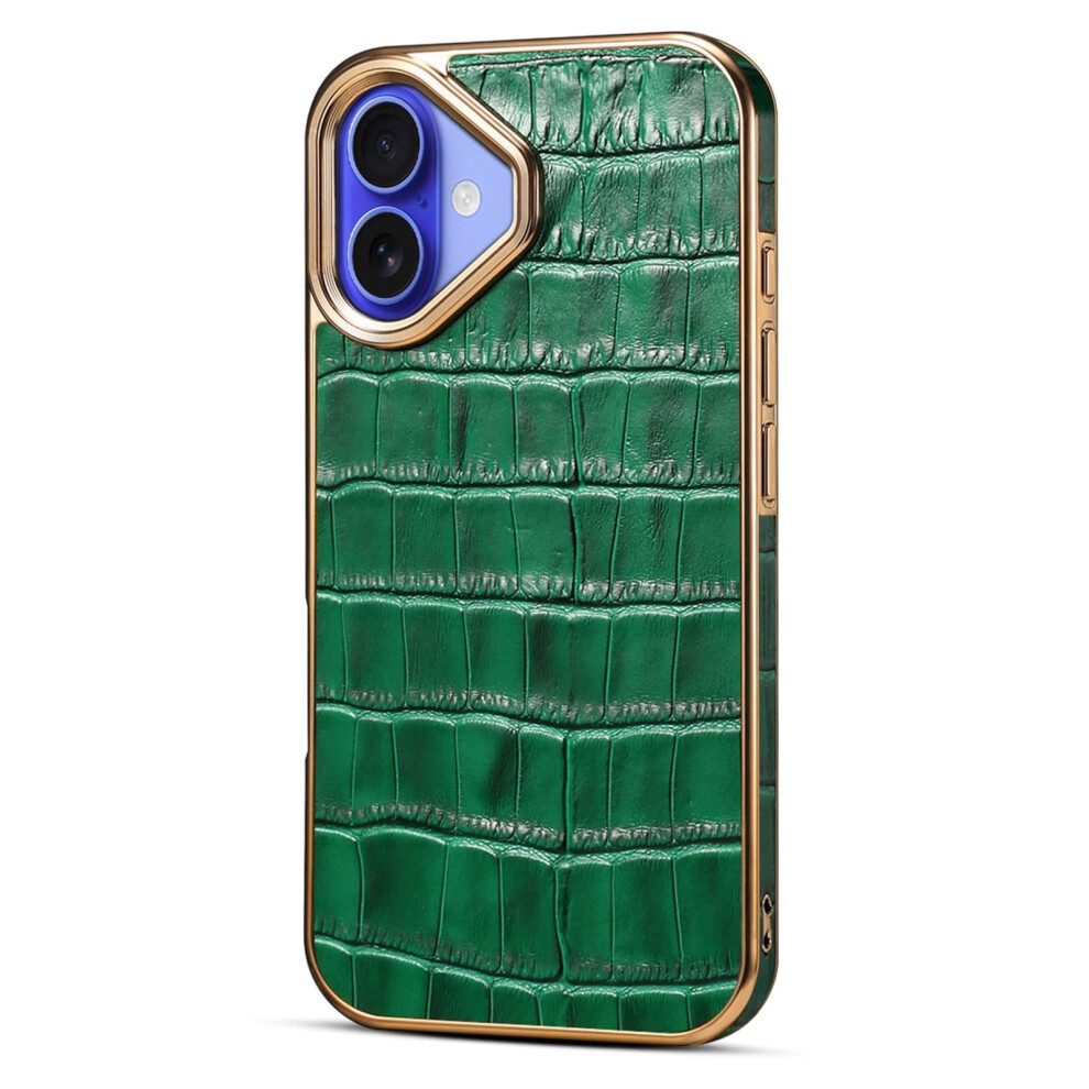 Luxury Crocodile Leather Case For Iphone 16 Pro, Slim Shockproof Business Cover With Plated Frame, Green 9330225966128