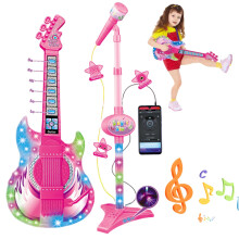 Kids Guitar and Microphone Set with Lights and Sounds, Adjustable Height Stand, 2 in 1 Musical Toy