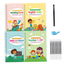 Handwriting Practice Books Set for Kids, 4pcs Reusable Grooved Preschool Writing Workbook with Pen and Refills