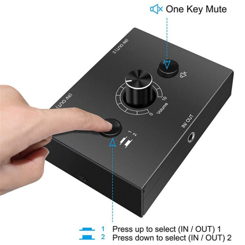 4X 3.5mm Audio Switcher, 2 Input 1 Output/1 Input 2 Output Audio Splitter Switcher, One-Key Mute Button 2