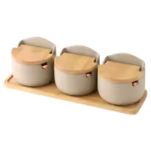Japanese Style Clay Seasoning Jar Bamboo Lid Spice Jar with Spoon Kitchen Sugar Salt Spices Storage Box Container 3Pcs Set
