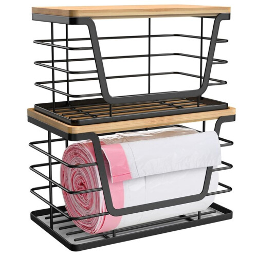 2 Pack Storage Stackable Kitchen Laundry Organizers with Bamboo Top, Wall Mount Large Trash Bag Holder and Standard