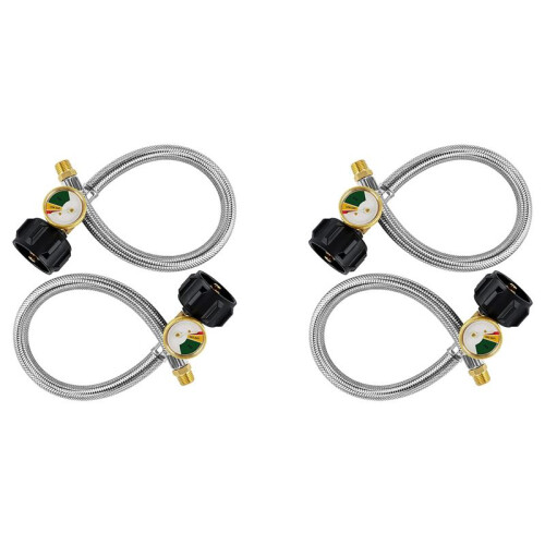 Pigtail de Mangueira de Propano RV de 15 Polegadas com Medidor para Tanques de 5-40Lb - Pacote de 4 Mangueiras de Propano Trançadas Inoxidáveis