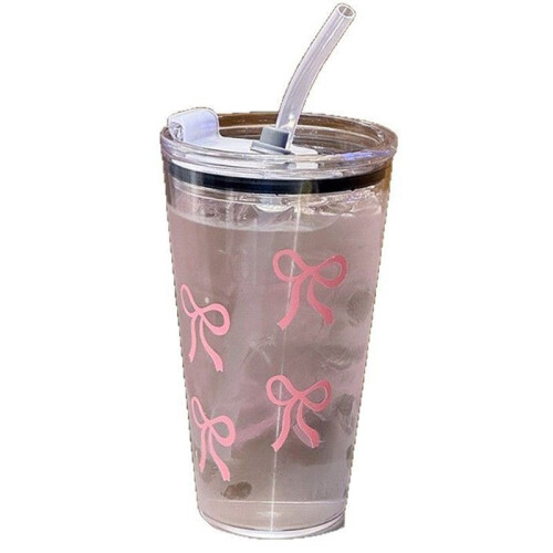 Bicchiere di Plastica Rosa da 450 Ml, Trasparente, con Cannuccia e Coperchio, per Bevande al Latte e al Caffè, per Casa e Viaggio