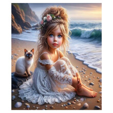 Paint with Diamond Embroidery Diamond Painting Full Round Picture of Rhinestone Girl with Cat,(30 X 40cm)Without Frame F