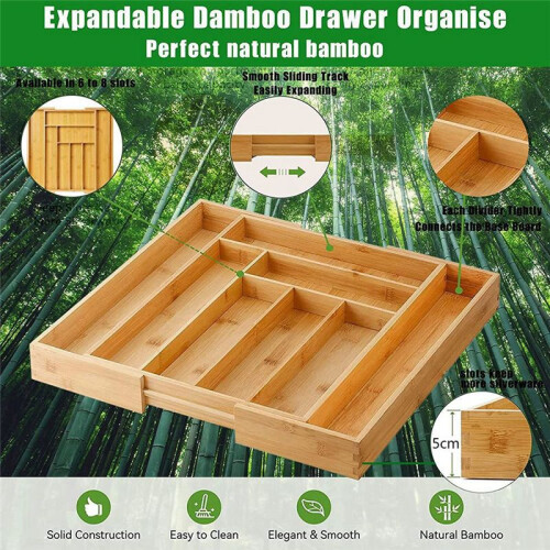 Bamboo Expandable Drawer Organizer, Silverware Organizer for Kitchen, Silverware, Cutlery and Makeup Drawers.