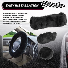 Steering-Wheel Plush Car Steering Wheel Covers Winter Faux Fur Hand Brake and Gear Cover Set Car Interior Accessories Universal (Black)