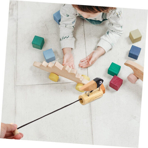 Woodpecker Shape Wooden Percussion Instrument with Pull String Finger Castanet Doorbell, 3 Sets 1