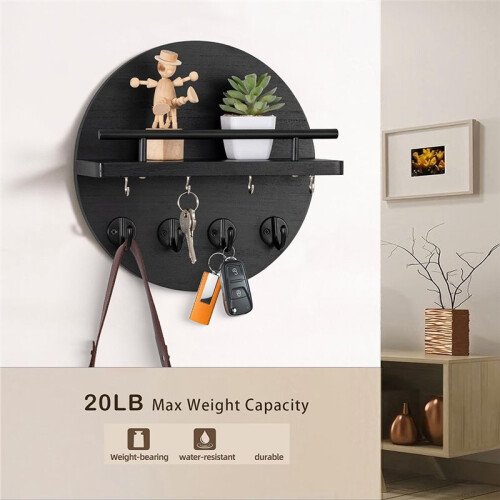 Key Holder Wall Mount, Decorative Key Rack with Hooks and Shelf, Wood, Black 1