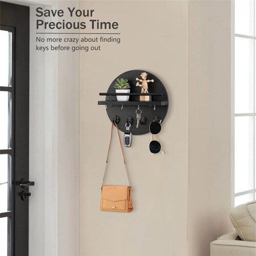 Key Holder Wall Mount, Decorative Key Rack with Hooks and Shelf, Wood, Black 2