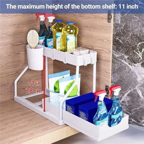 Space Saving 2 Tier Pull Out Storage Box Durable Large Capacity Kitchen Bathroom Essential Drawer Organizer White 1