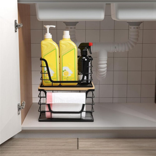 2 Pack Storage Stackable Kitchen Laundry Organizers with Bamboo Top, Wall Mount Large Trash Bag Holder and Standard